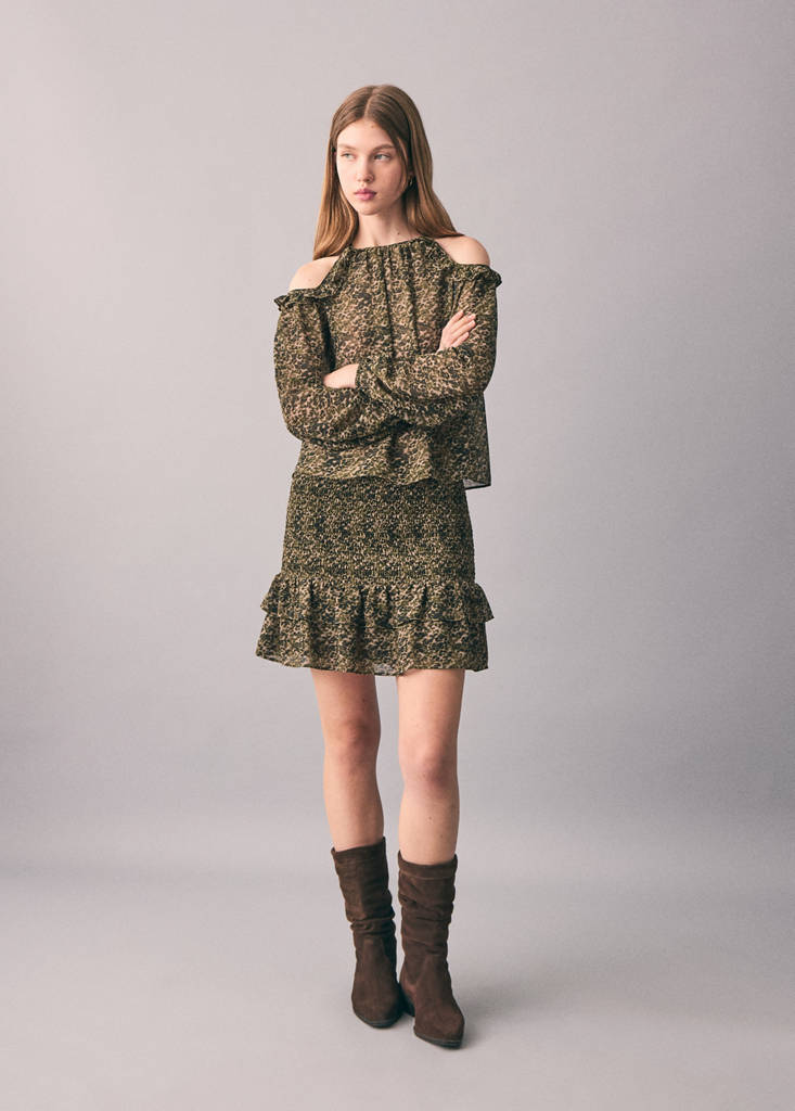 Printed skirt with ruffles — Khaki