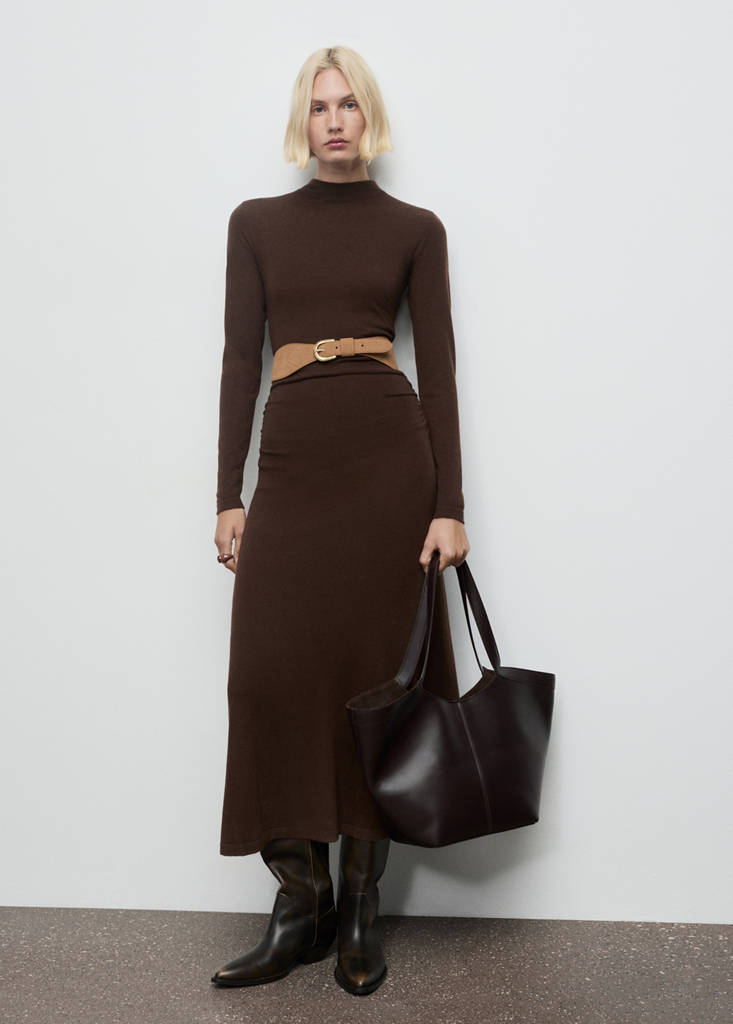 Perkins-neck knitted dress — Chocolate
