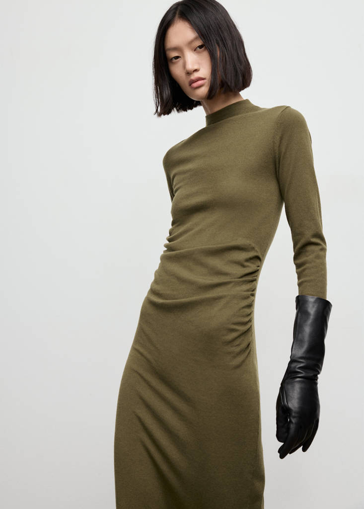 Perkins-neck knitted dress — Khaki