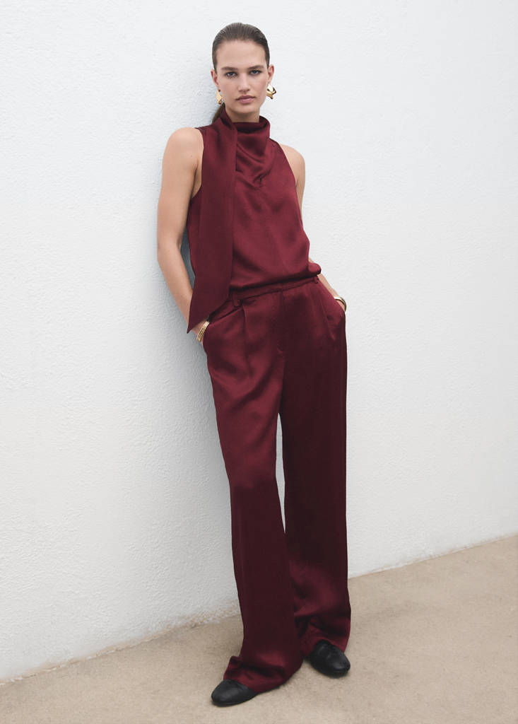 MANGO - Pantalon large satiné rouge-orangé - 44