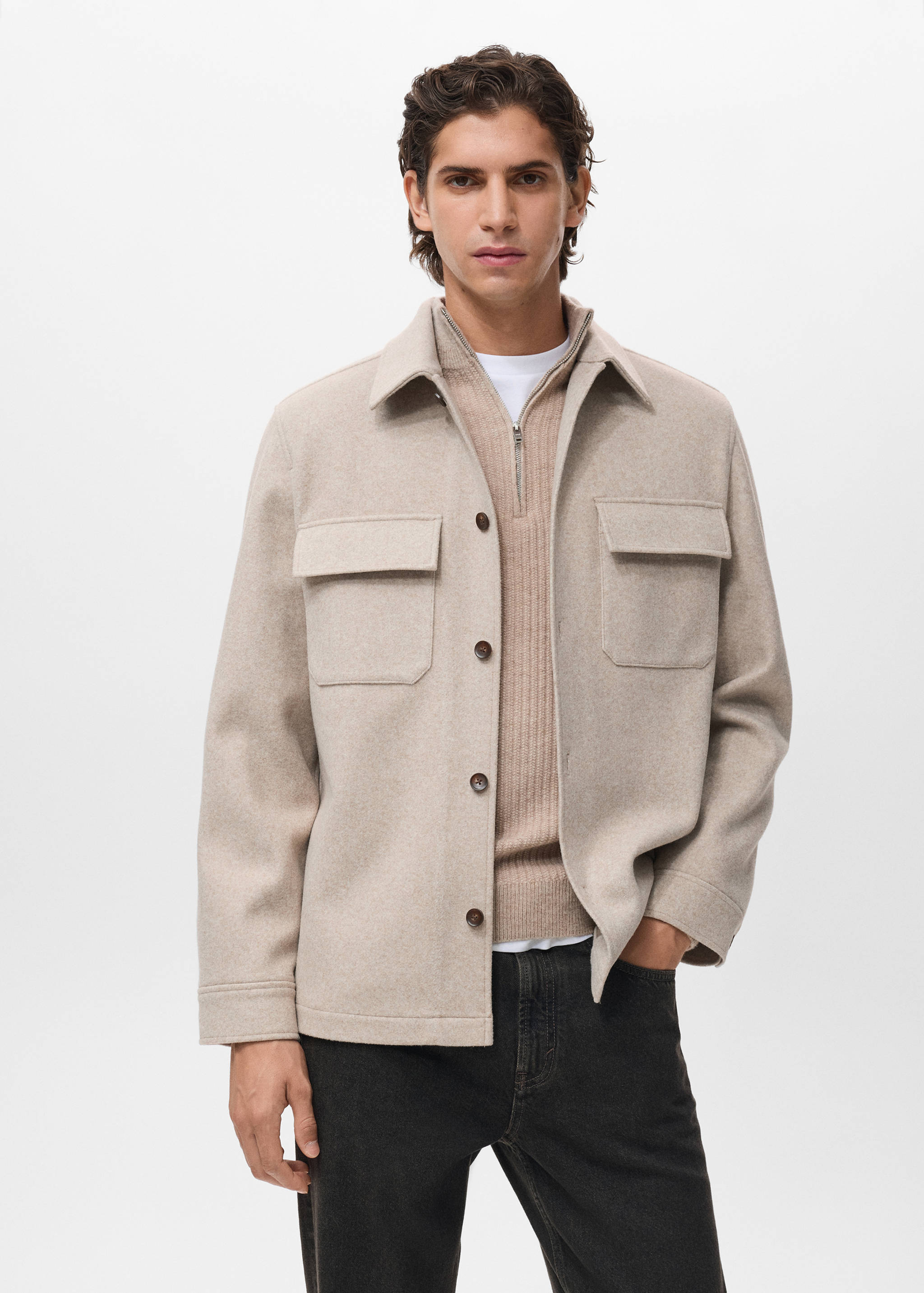 Surchemise mélange de laine à poches - Plan moyen