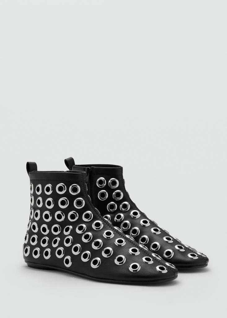 Faux-leather ankle boots with eyelets — Black