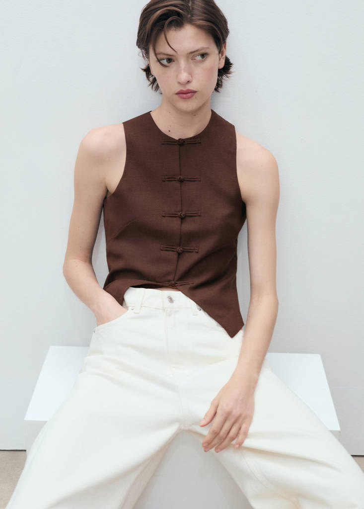 Linen-blend suit waistcoat — Chocolate