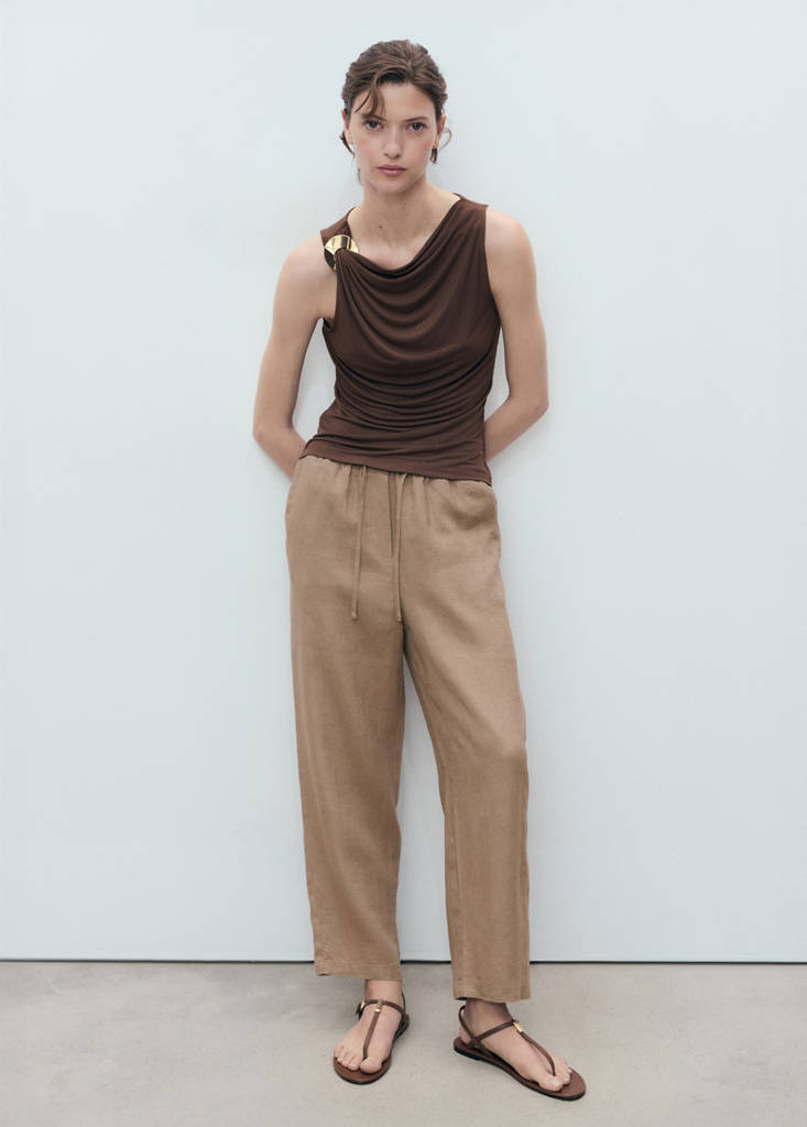 Linen trousers with drawstring — Medium Brown