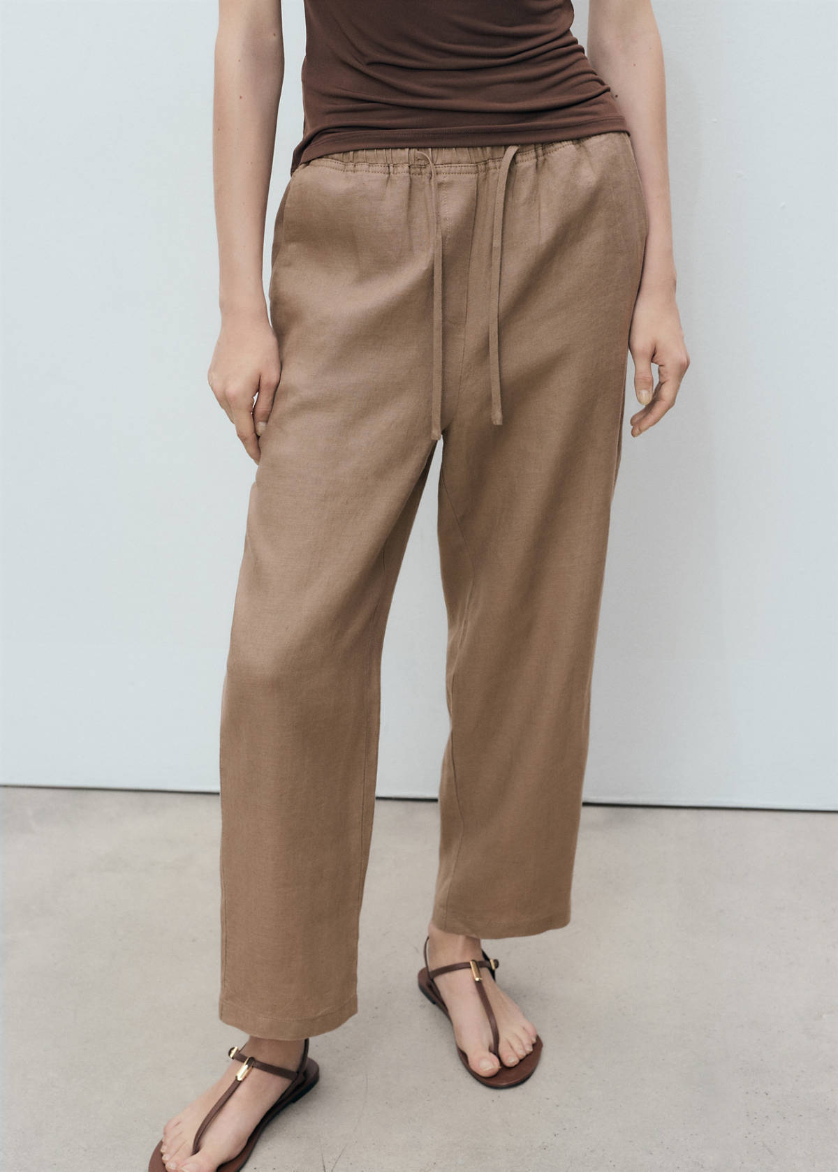 Linen trousers with drawstring — Medium Brown