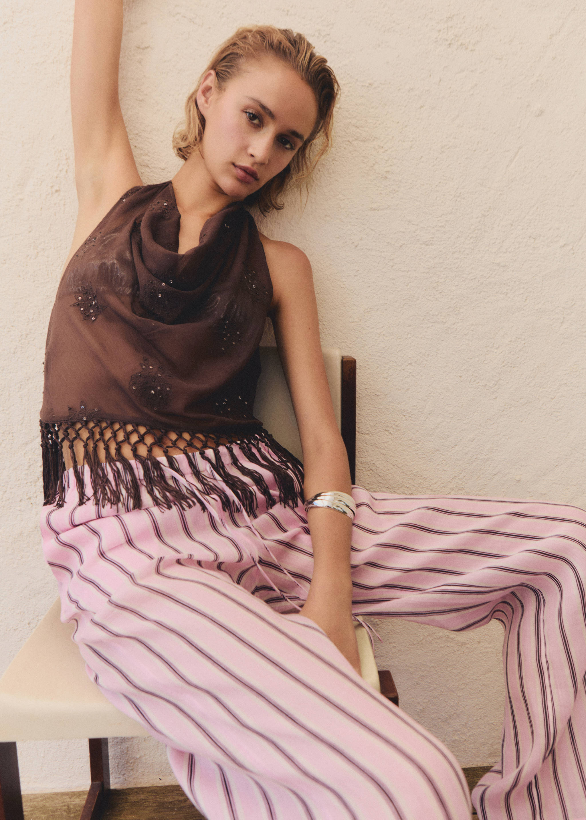 Calças de rami às riscas - Plano médio