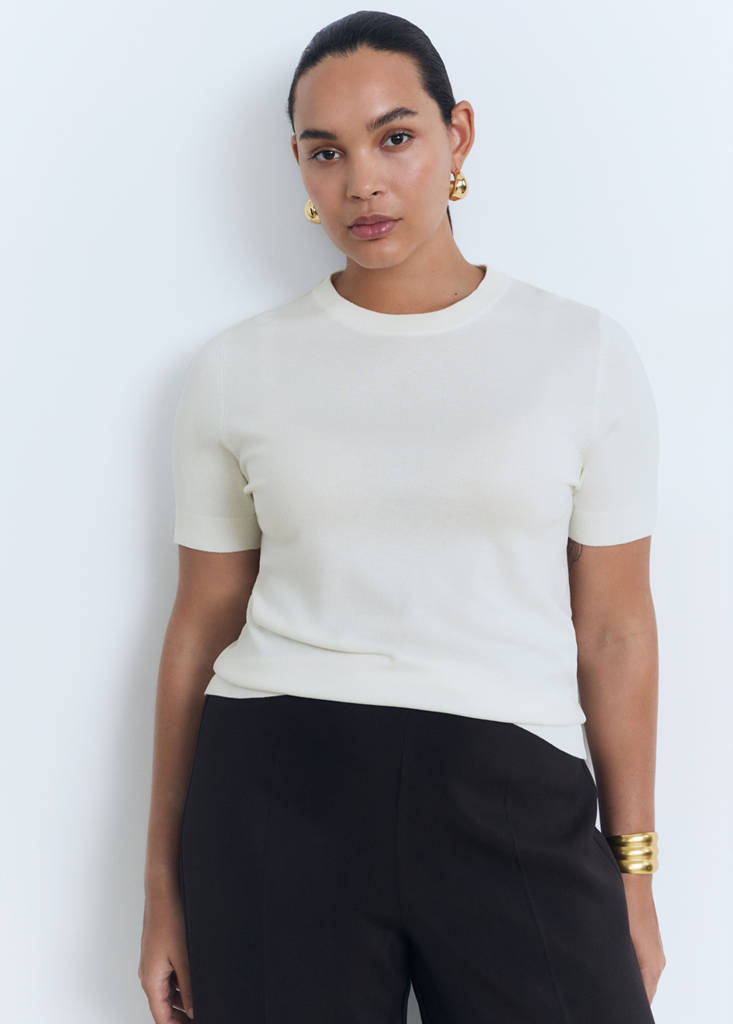 Short-sleeved fine-knit sweater — Ecru