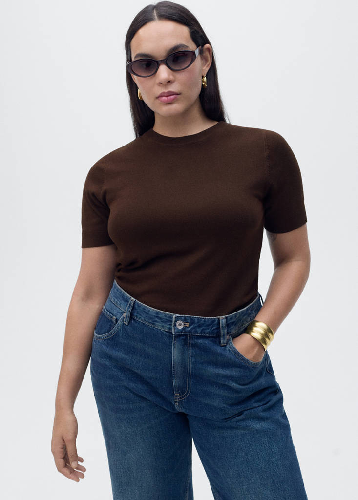 Short-sleeved fine-knit sweater — Chocolate
