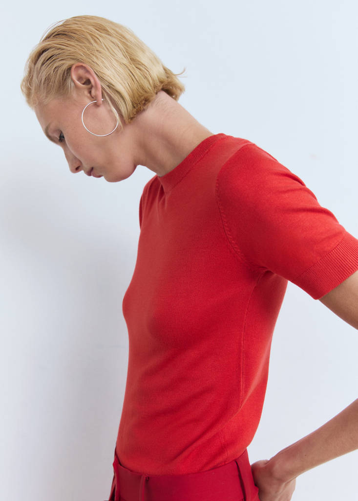 Short-sleeved fine-knit sweater — Red