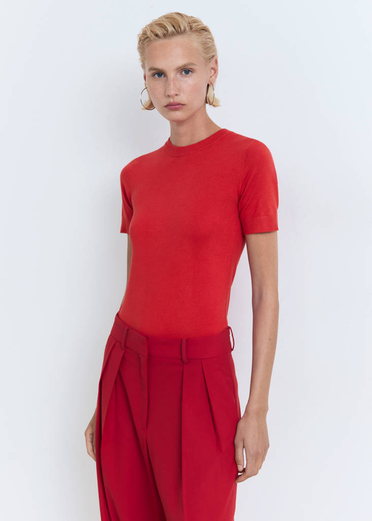 Short-sleeved fine-knit sweater — Red