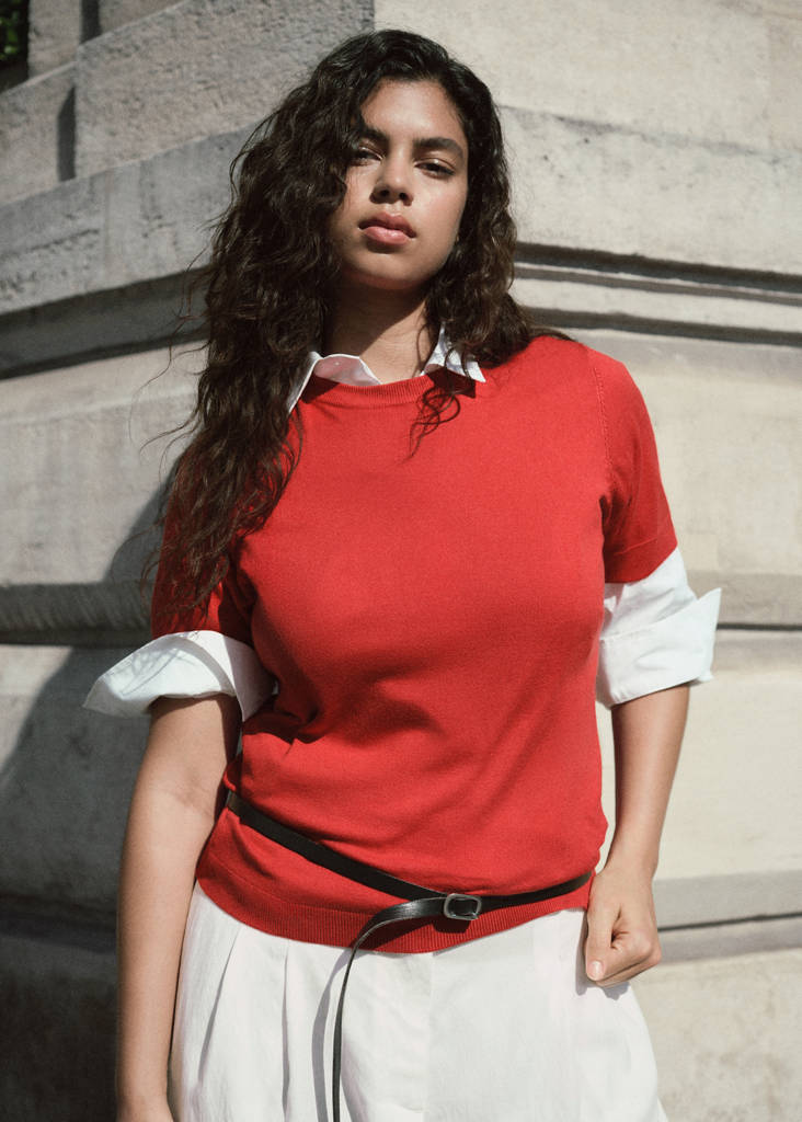 Short-sleeved fine-knit sweater — Red