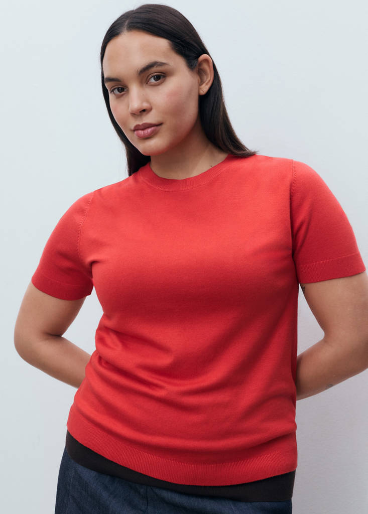 Short-sleeved fine-knit sweater — Red
