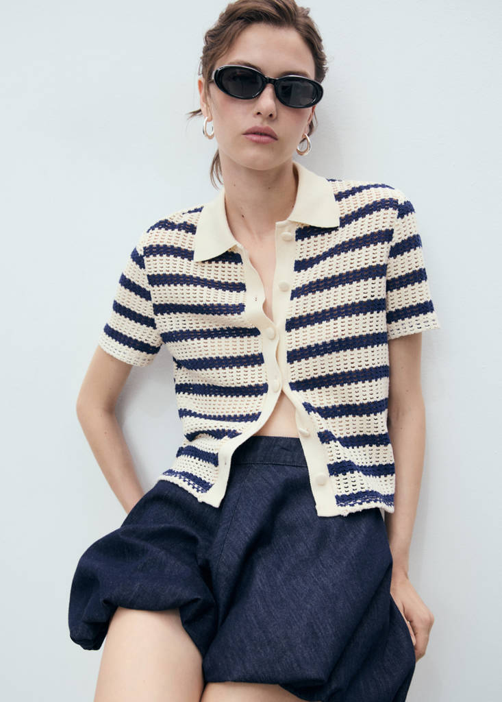 Short sleeve striped cardigan — Navy