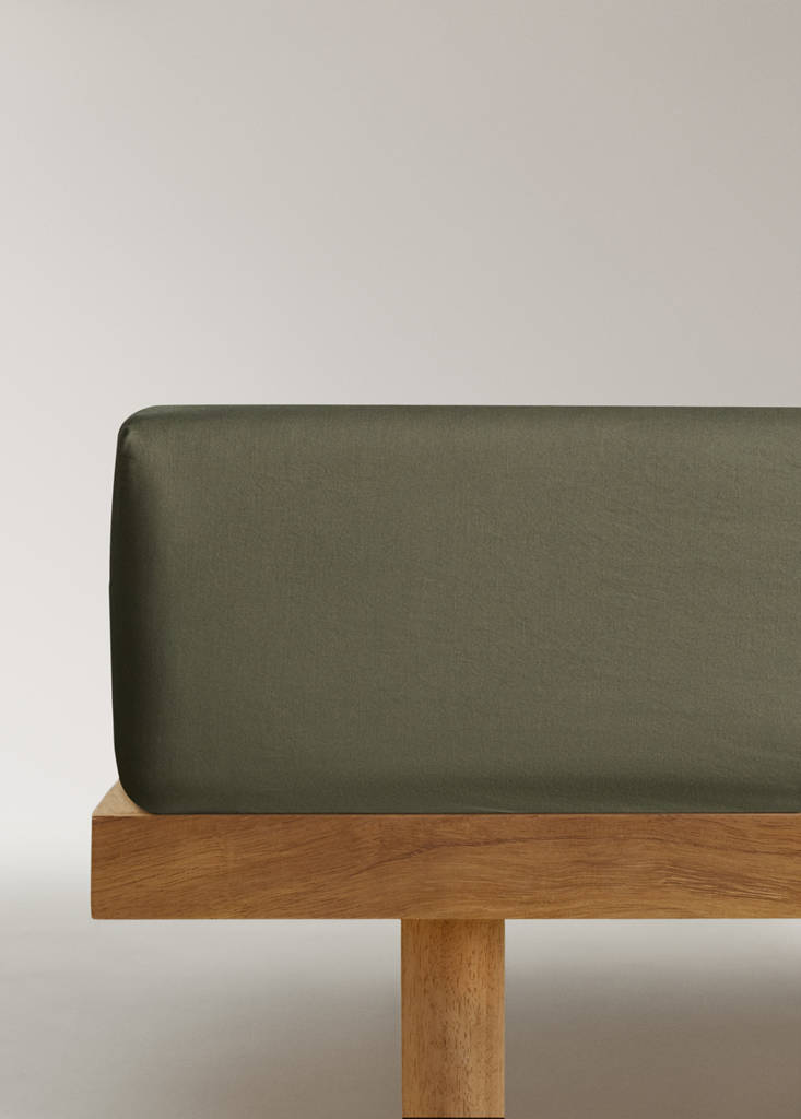 MANGO HOME - Drap-housse coton satin lavé lit 135 cm olive - Lit 135/140 cm