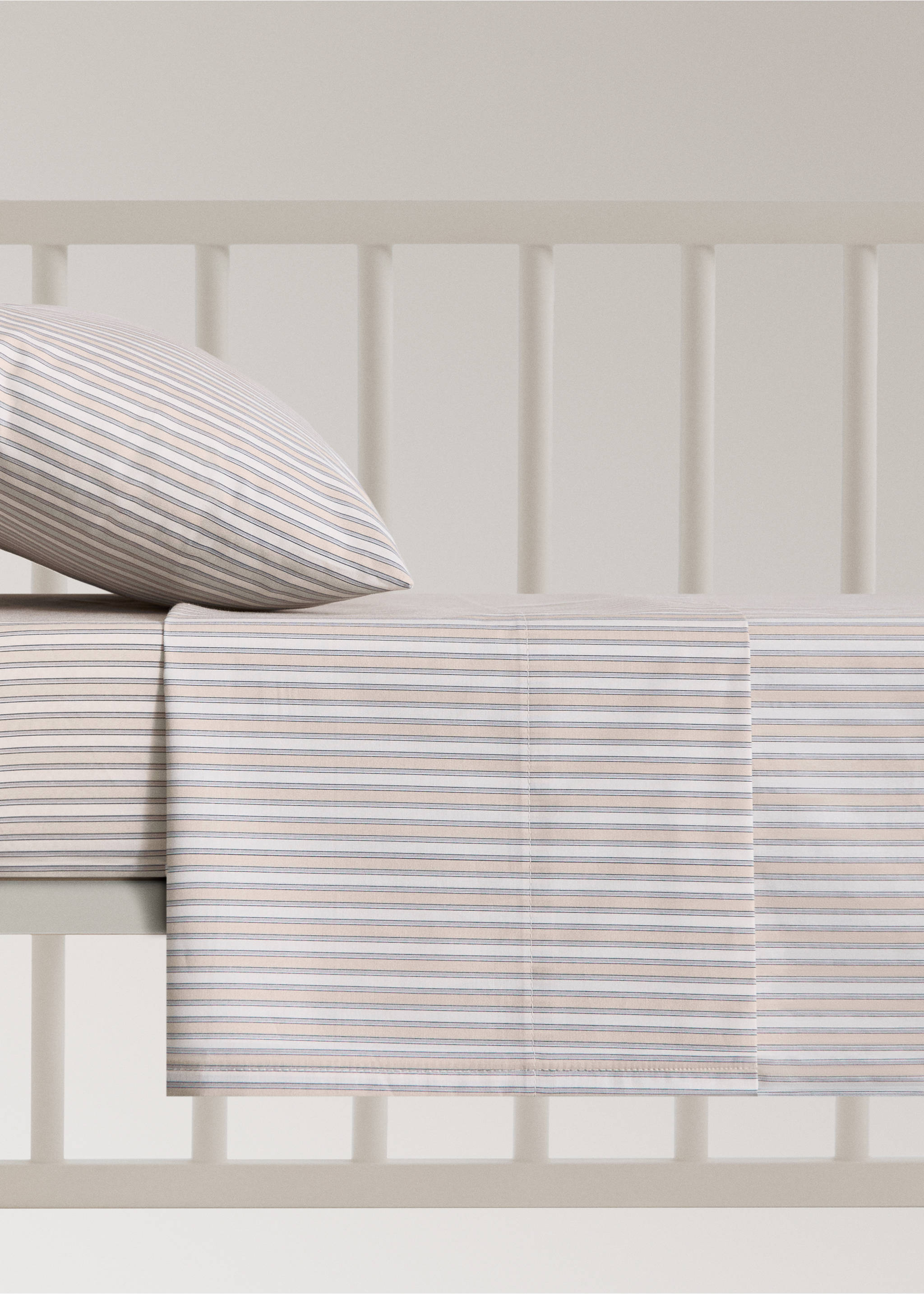 Cot bed top sheet in fine striped printed cotton percale - Article without model, Vanilla. Ref: 17091551-00.
