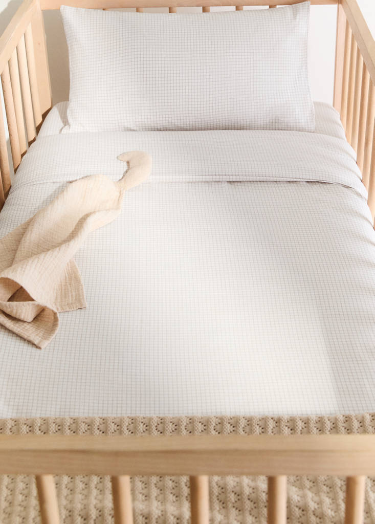 Yarn-dyed cotton duvet cover with mini-check print for cot — Ecru