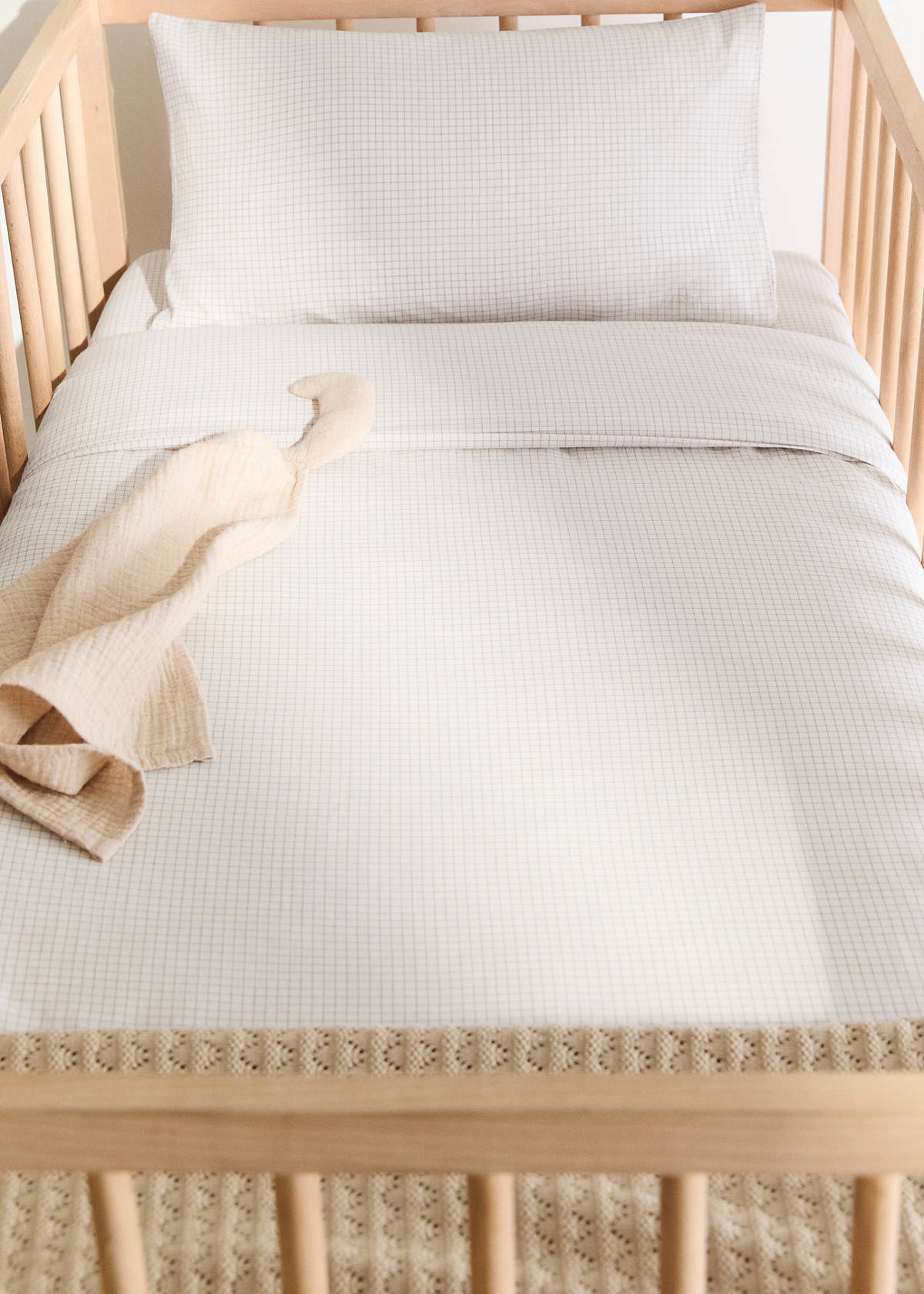 Yarn-dyed cotton duvet cover with mini-check print for cot — Ecru