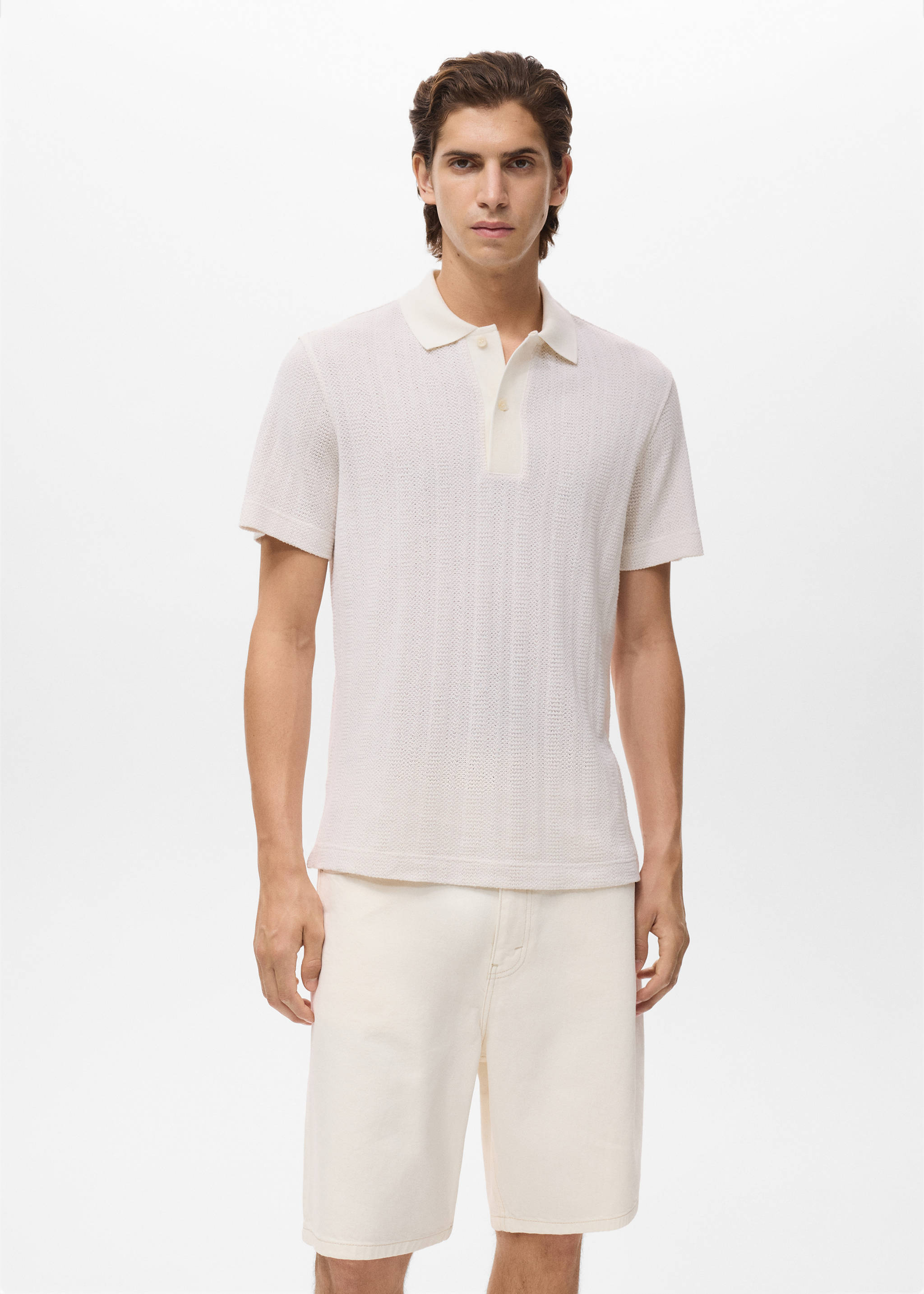 Knitted cotton polo shirt with lace pattern - Medium plane