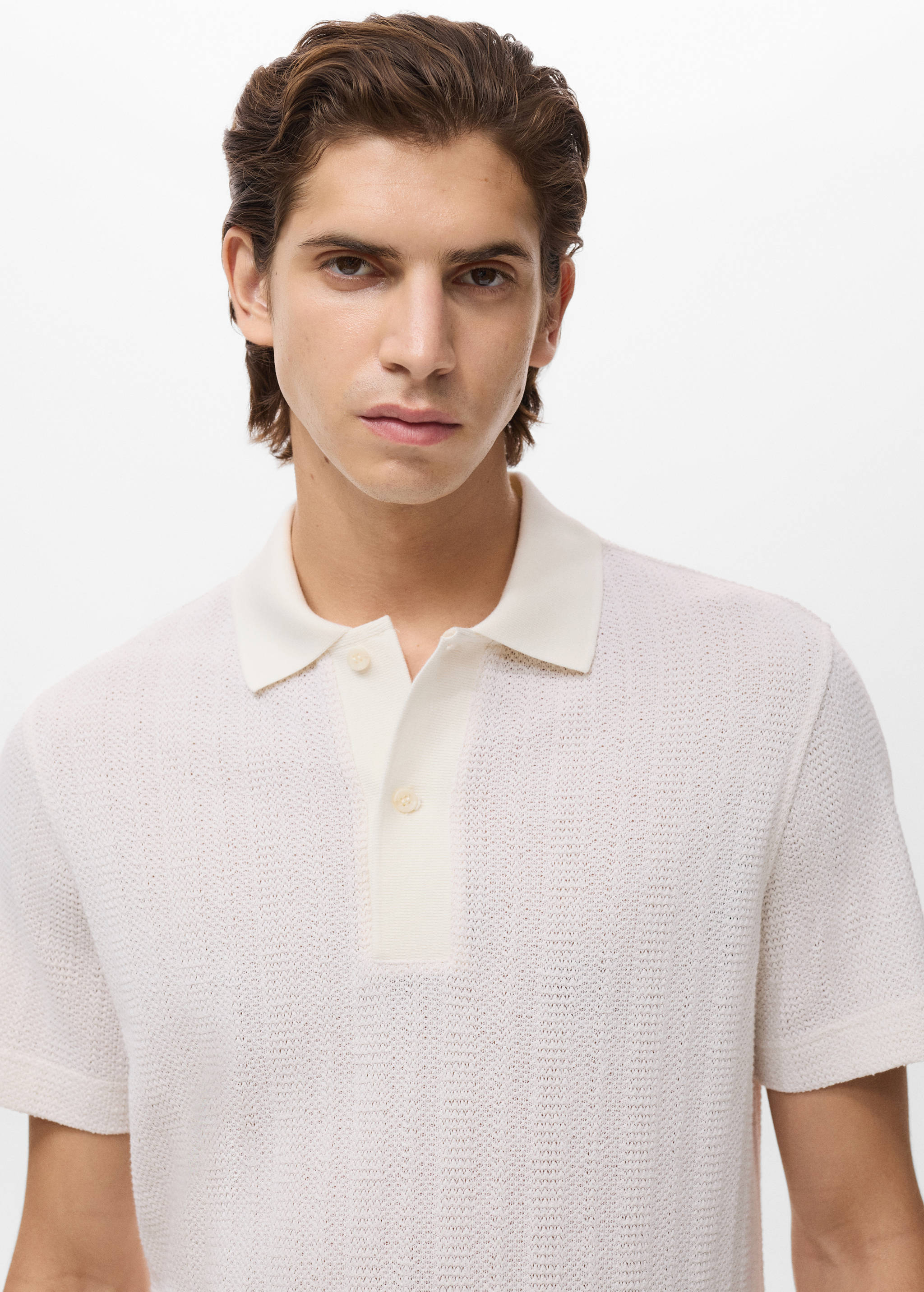 Knitted cotton polo shirt with lace pattern - Details of the article 1