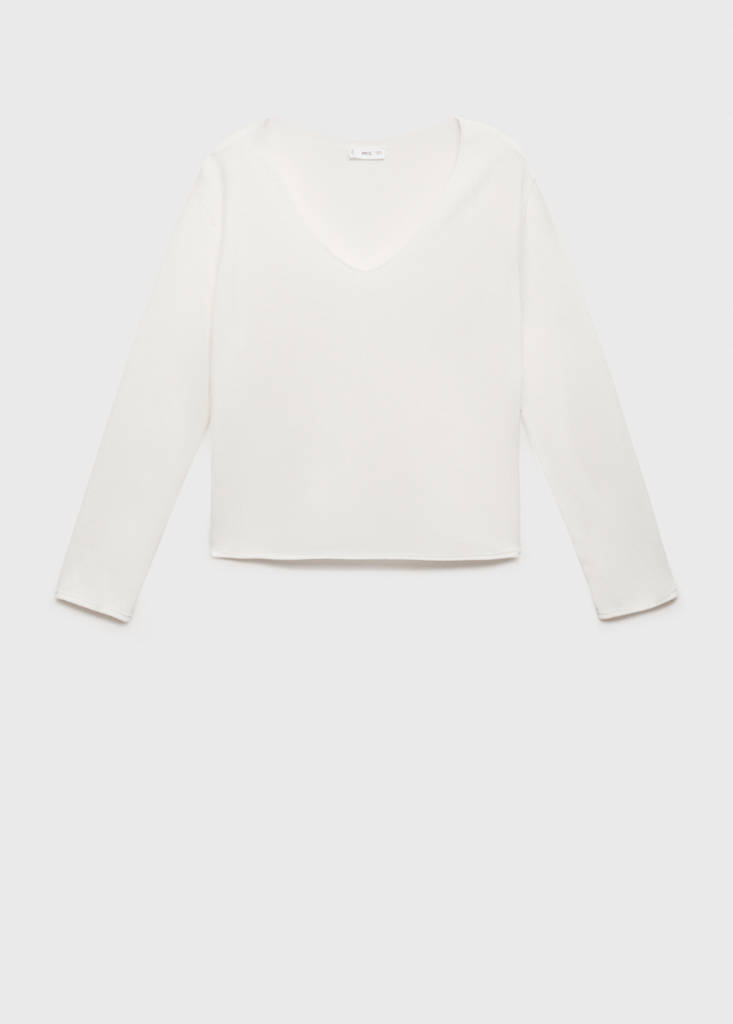 V-neck knit sweater — White