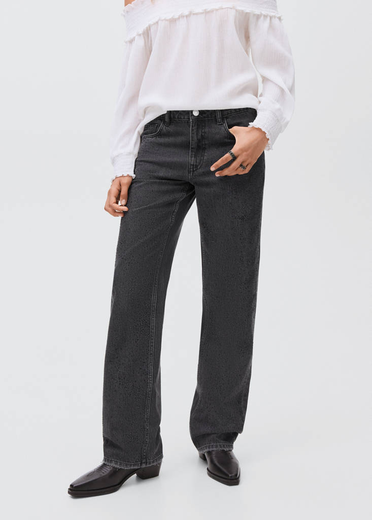Straight-fit jeans with rhinestones — Black denim