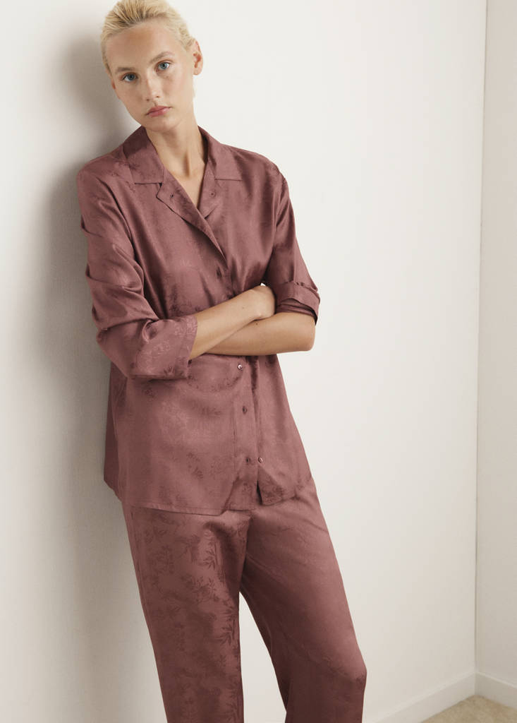 Jacquard satin pyjama shirt — Brown