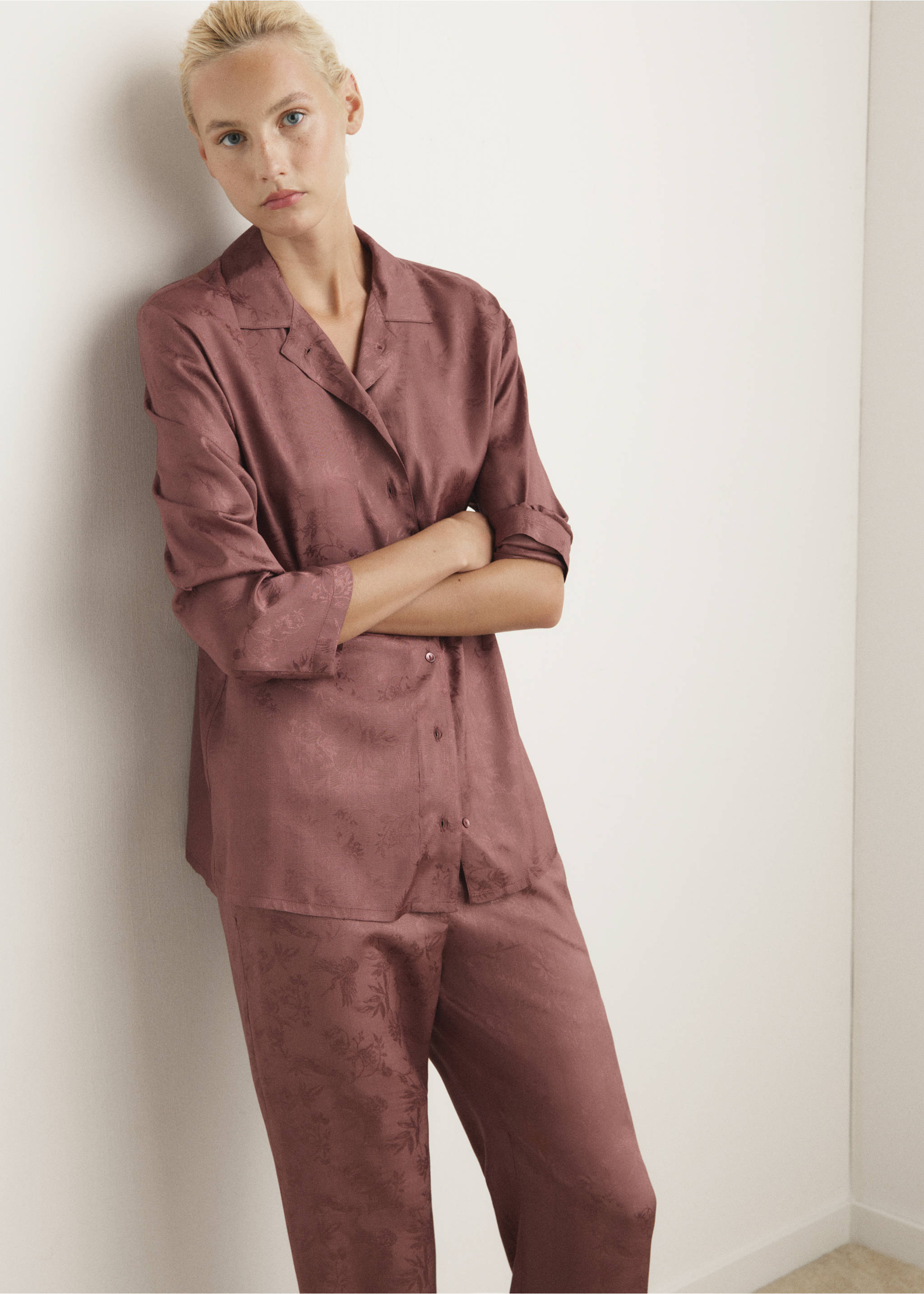 Jacquard satin pajama shirt - Medium plane, Brown. Ref: 17094106-00.