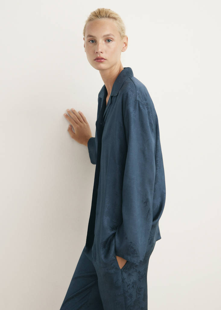 Jacquard satin pyjama shirt — Night Blue