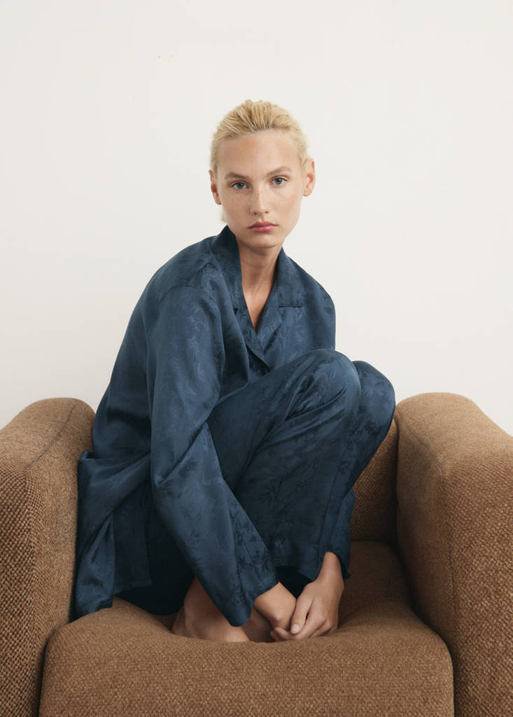 Jacquard satin pyjama shirt — Night Blue