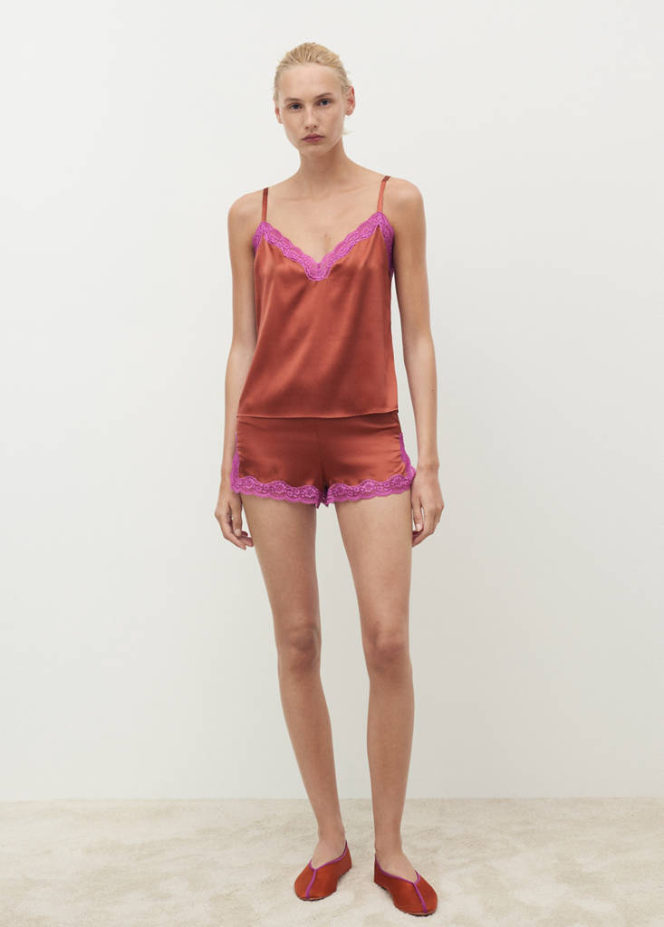 Silk shorts with contrasting lace trim — Brown