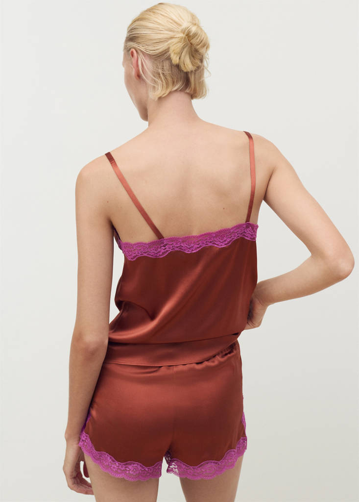 Silk shorts with contrasting lace trim — Brown