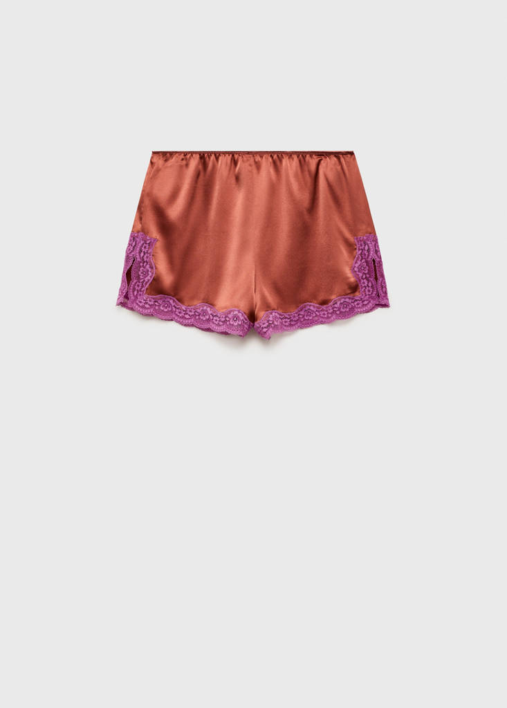 Silk shorts with contrasting lace trim — Brown