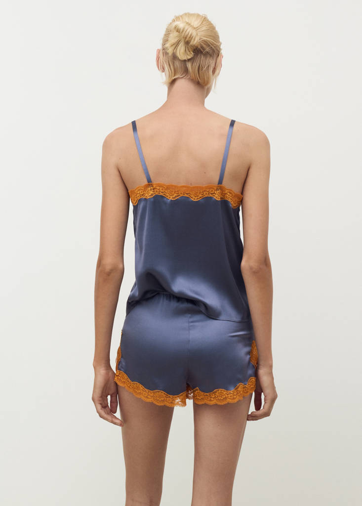 Silk shorts with contrasting lace trim — Ink Blue