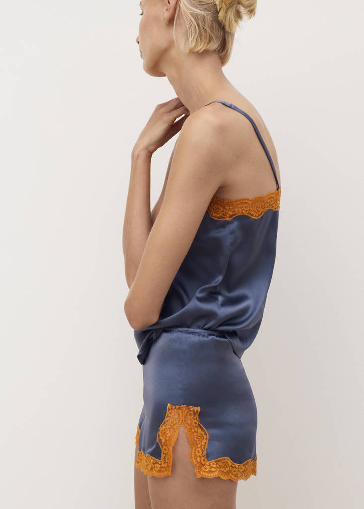 Silk shorts with contrasting lace trim — Ink Blue