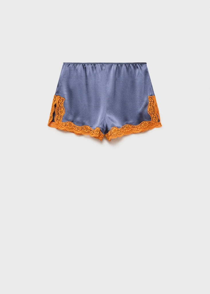 Silk shorts with contrasting lace trim — Ink Blue