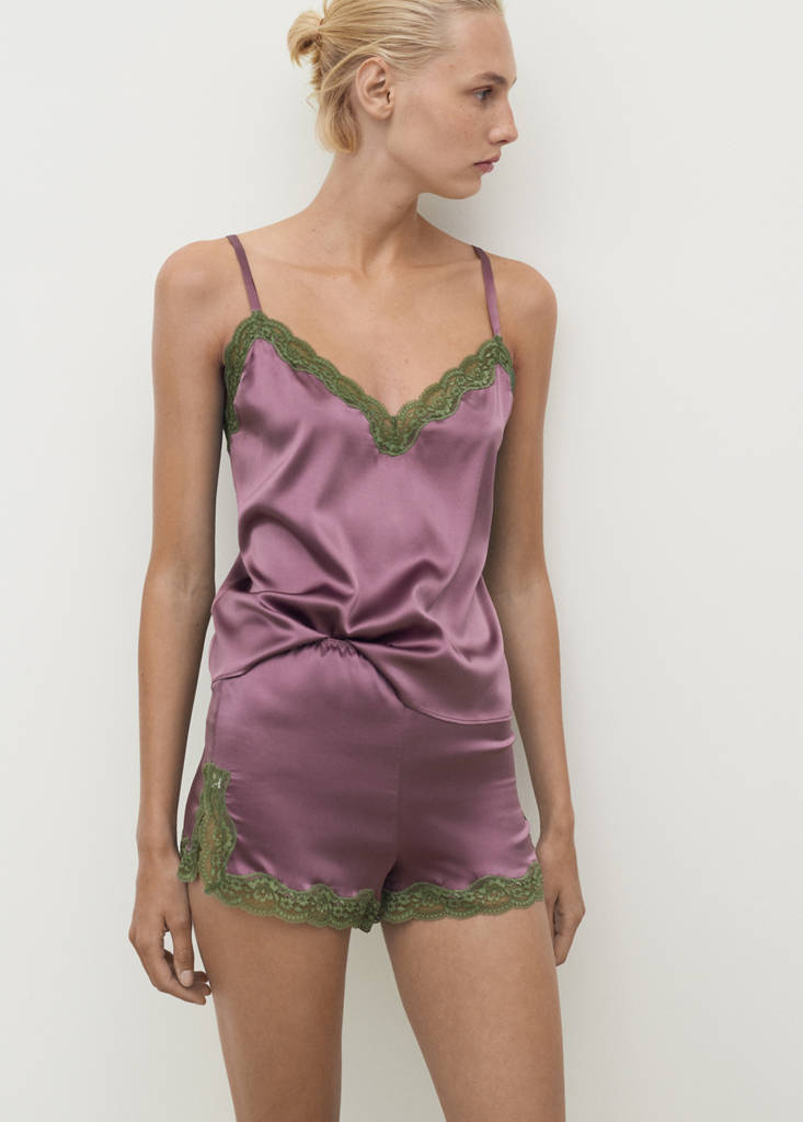 Silk shorts with contrasting lace trim — Plum
