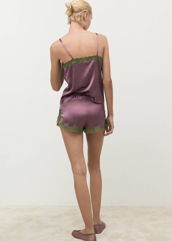 Silk shorts with contrasting lace trim — Plum