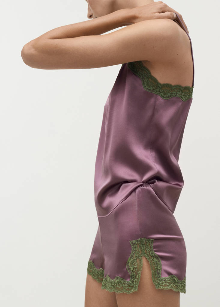 Silk shorts with contrasting lace trim — Plum
