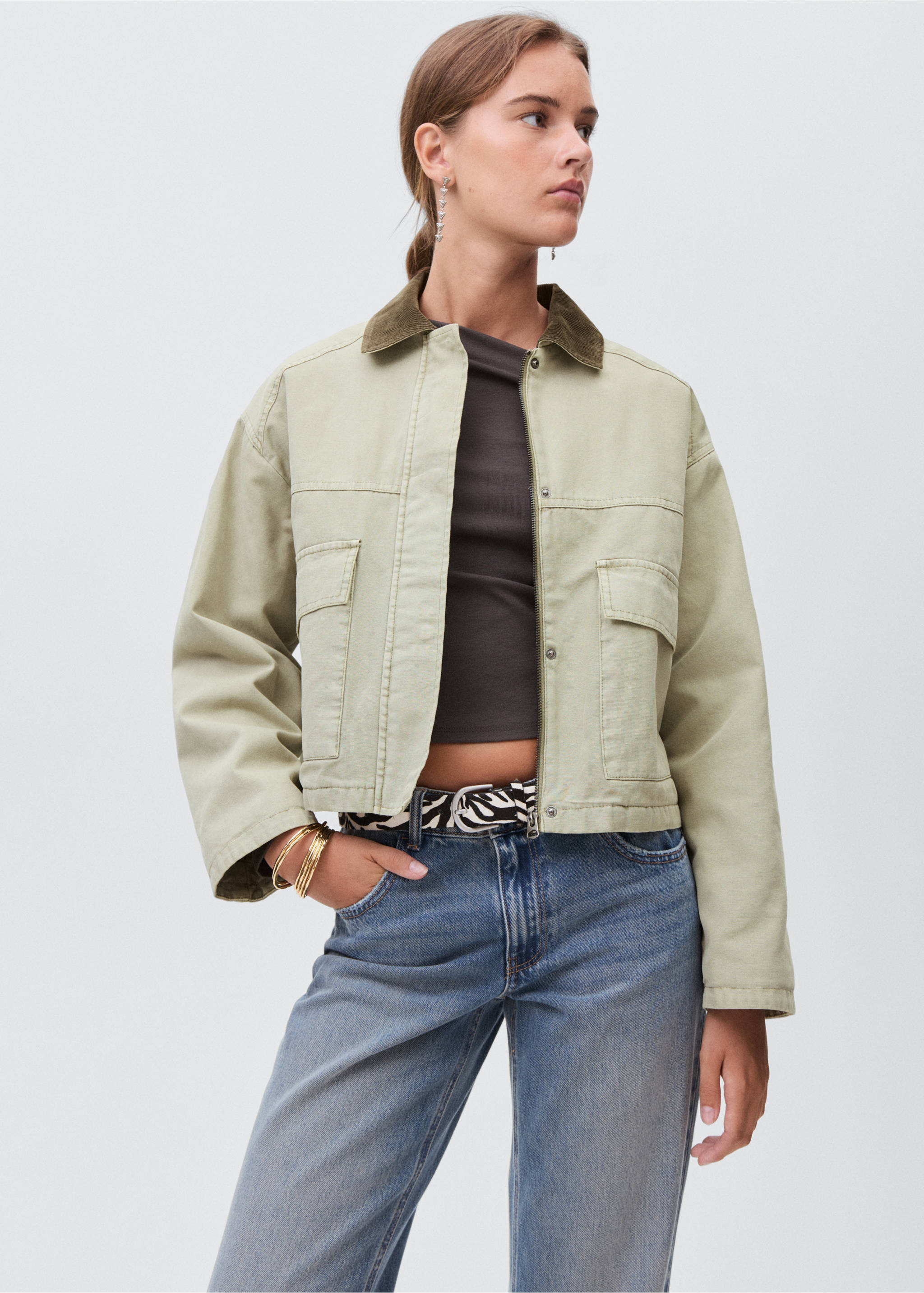 Denim jacket with contrast collar - Medium plane, Green. Ref: 17094408-00.