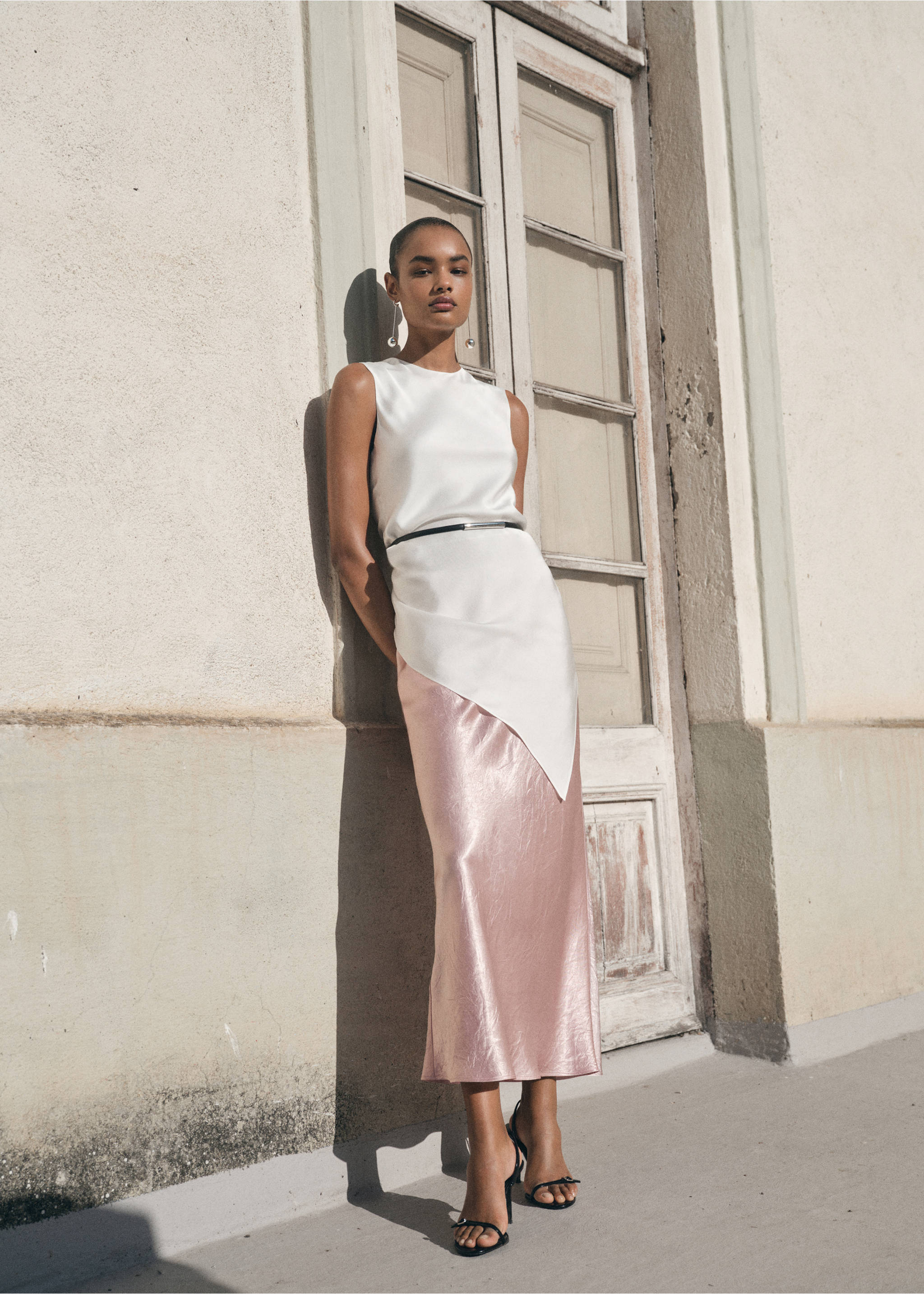 Creased-effect satin skirt - General plane, Pastel Pink. Ref: 17094424-00.