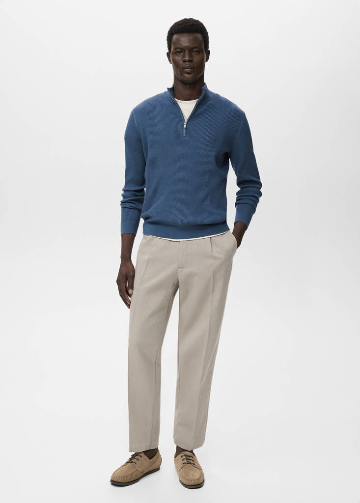 MANGO MAN - Pull-over maille côtelée col zippé bleu indigo - M