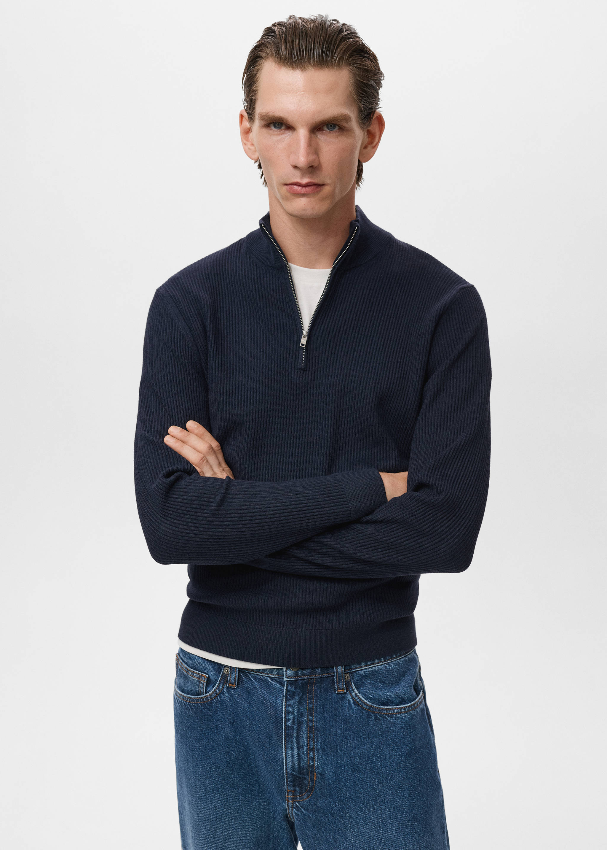 Ribbed sweater with zip neck - Medium plane