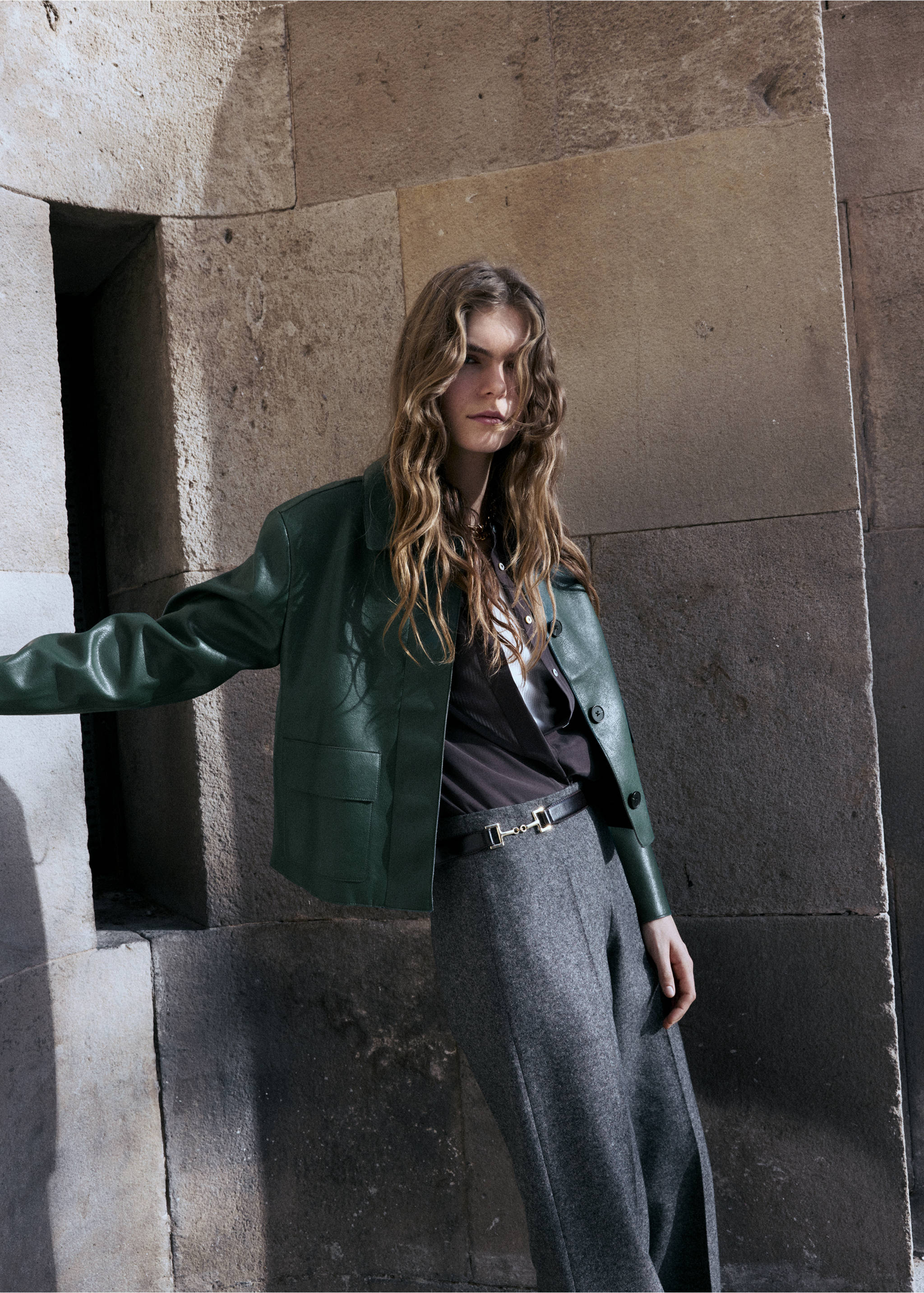 Faux-leather jacket with pockets - Medium plane, Green. Ref: 17094433-01.