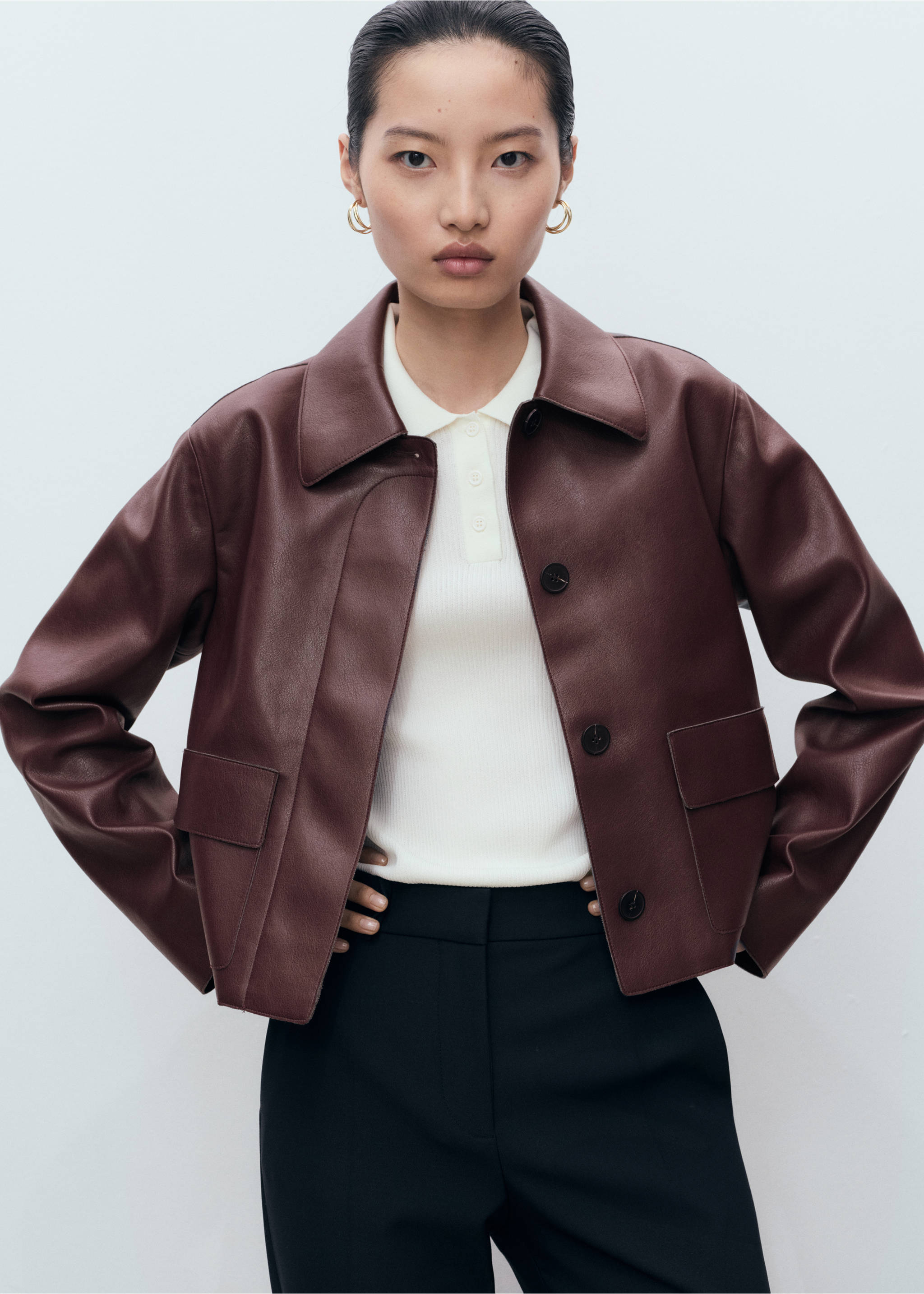 Faux-leather jacket with pockets - Medium plane, Maroon. Ref: 17094433-00.