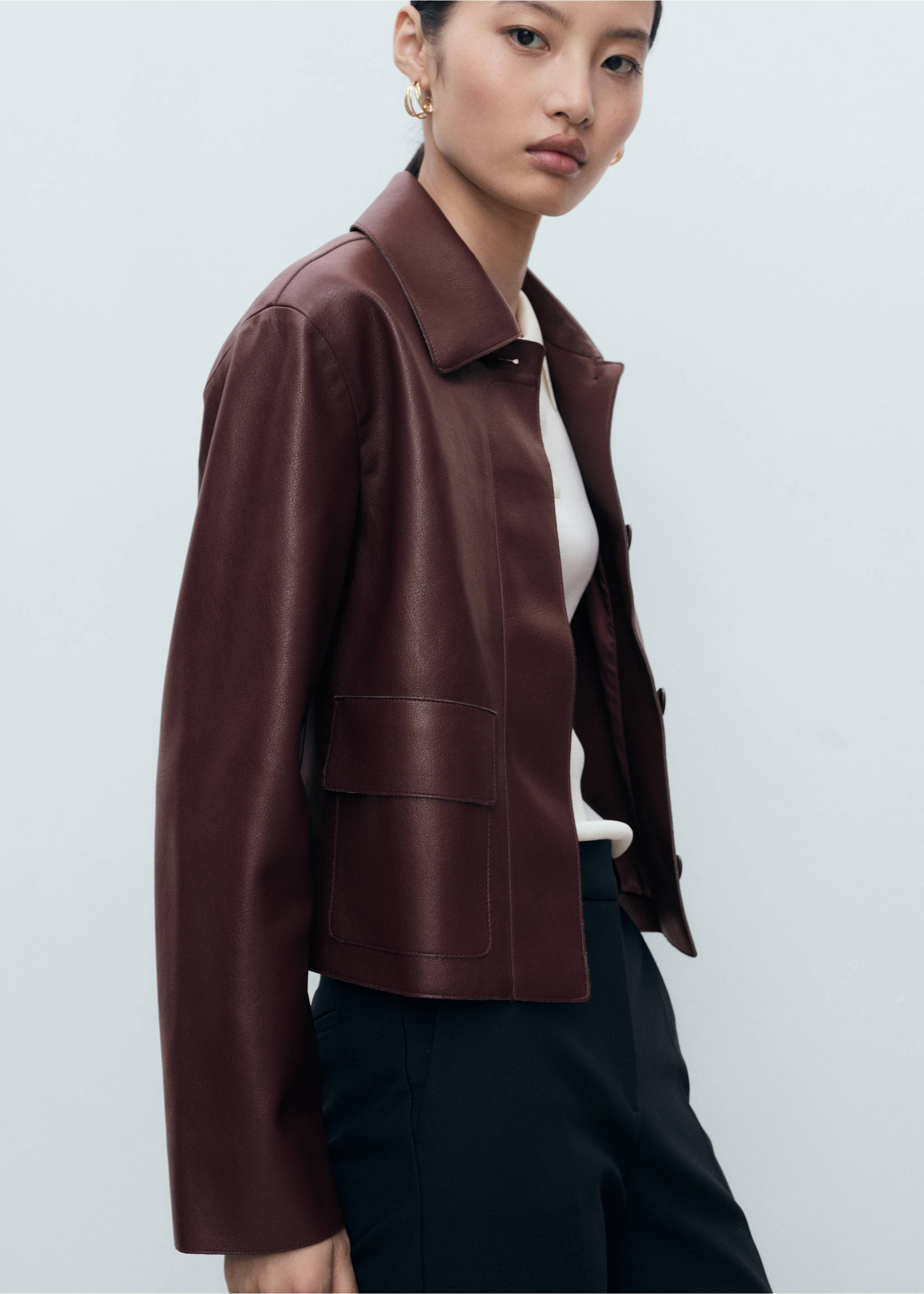 Faux-leather jacket with pockets - Details of the article 2, Maroon. Ref: 17094433-00.