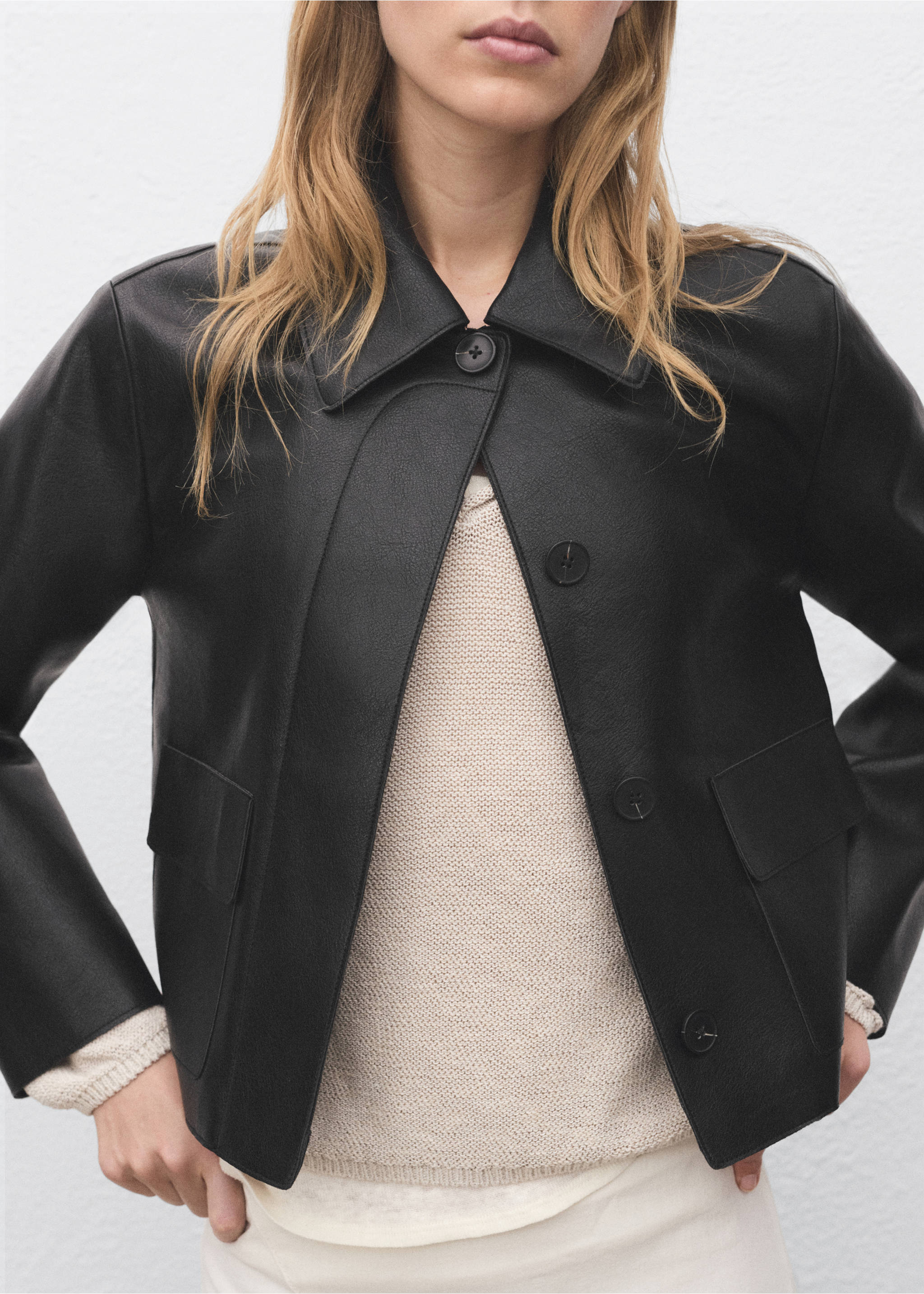 Faux-leather jacket with pockets - Medium plane, Black. Ref: 17094433-00.