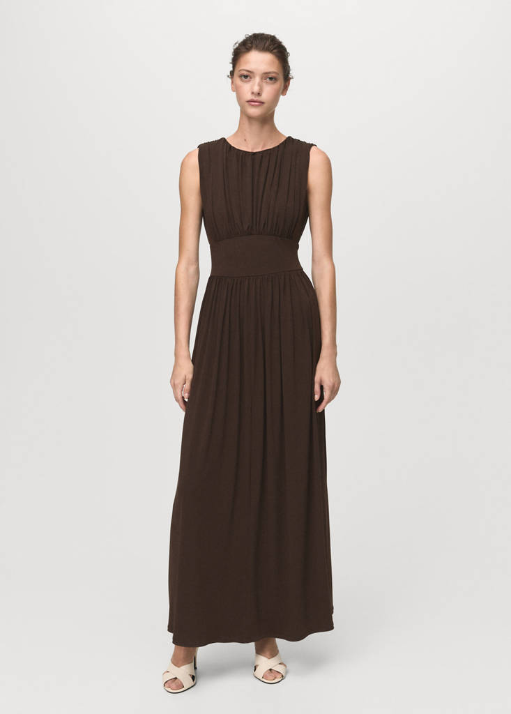 MANGO - Robe longue froncée marron - S