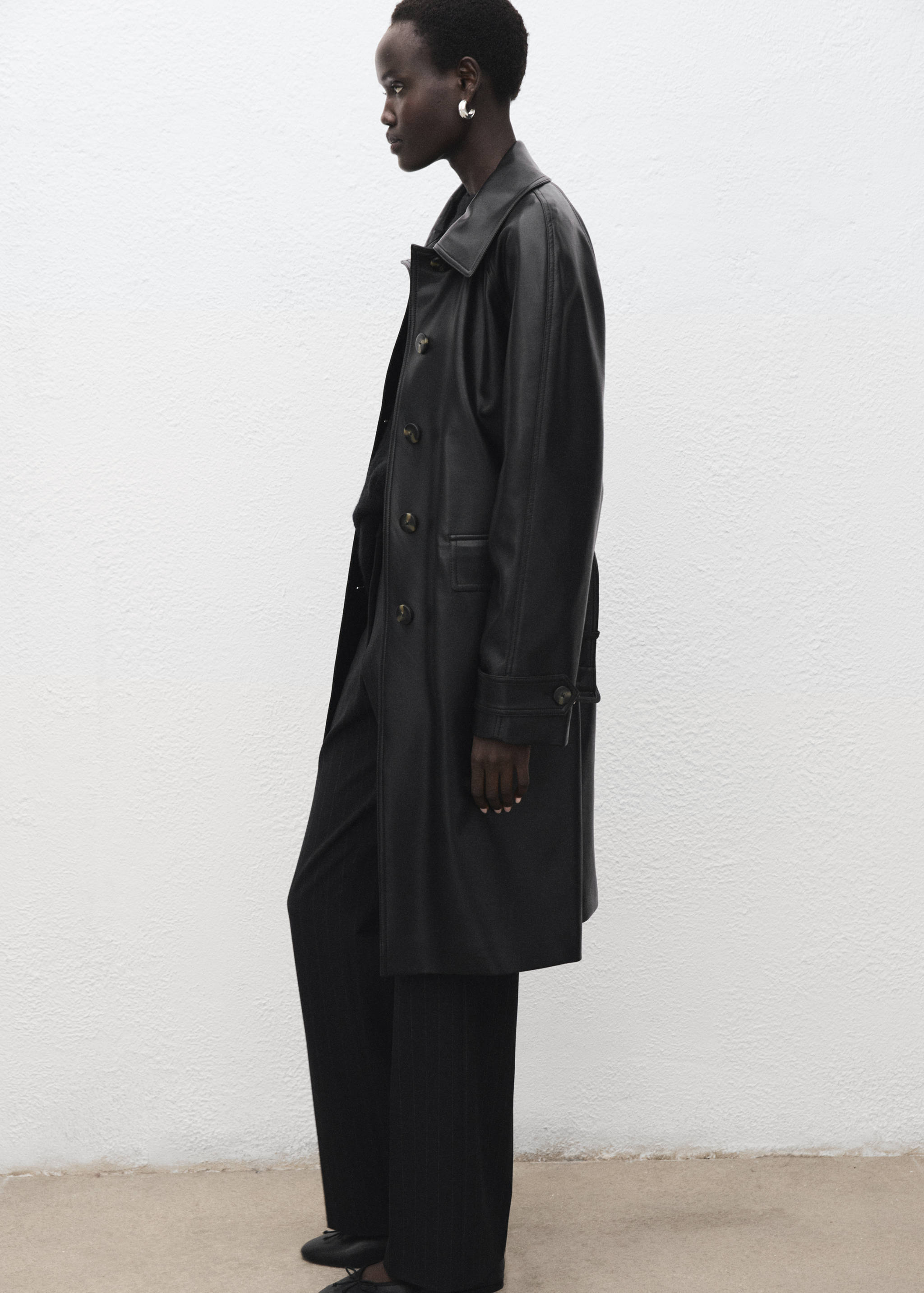 Long faux-leather trench coat with belt - General plane