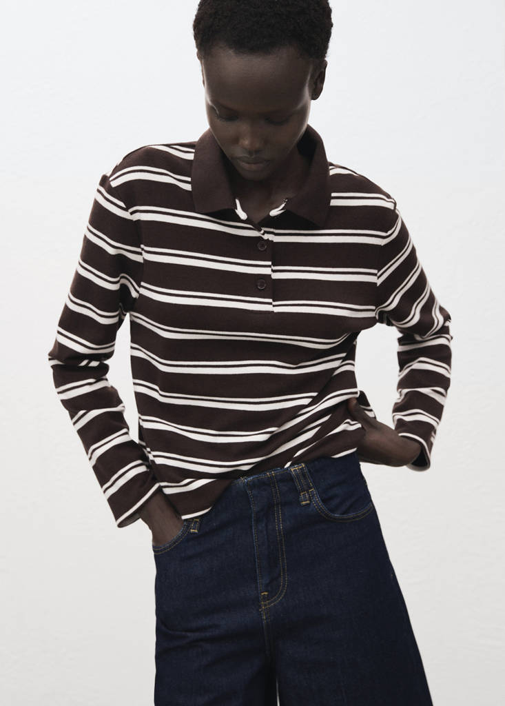 Striped polo-neck t-shirt — Brown