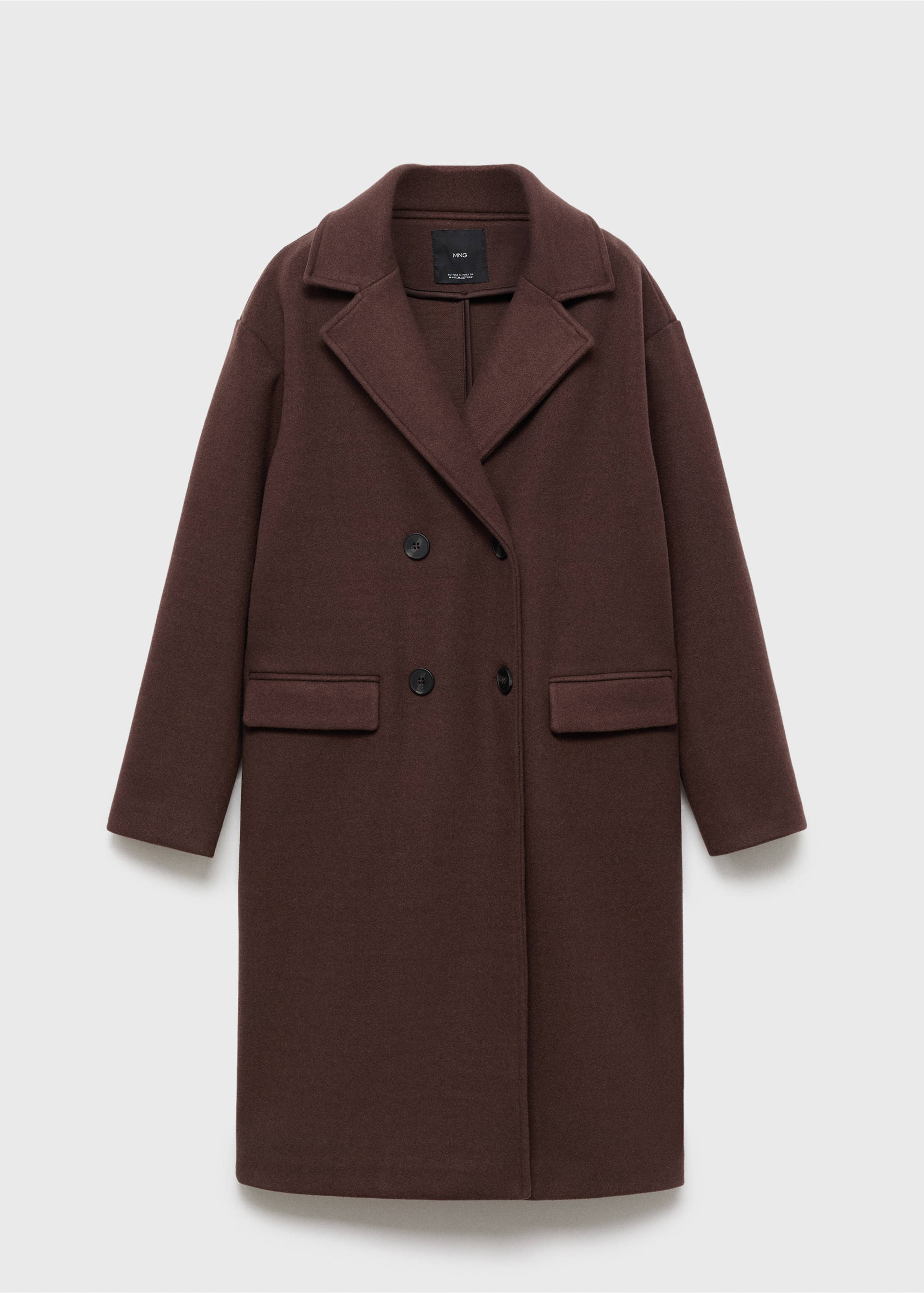 Dark brown double-breasted coat with lapel collar and flap pockets., Brown. Ref: 17095812-00.